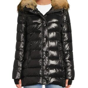 NWOT S13 Chelsea Women's Black Shiny Puffer Jacket with Faux Fur Trim